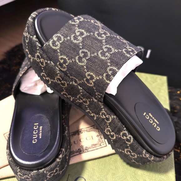 💯🌺 GUCCI Angelina GG logo denim platform slides sandals - Picture 2 of 12